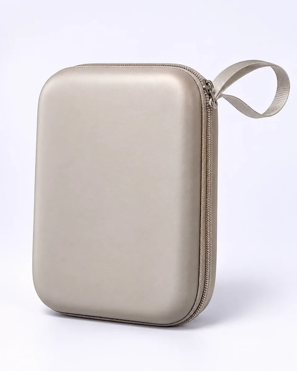 The PLUNA Travel Case closed, with its wrist strap